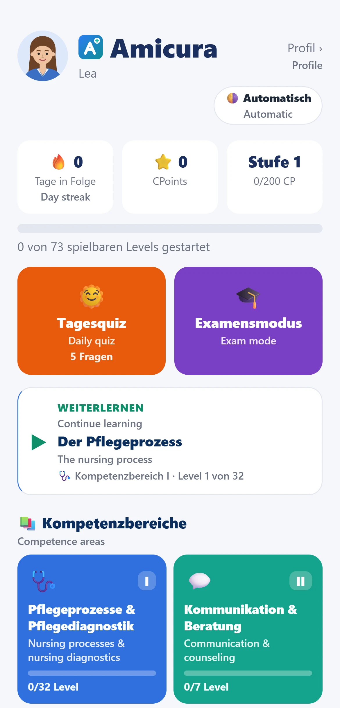 Amicura Startseite mit Tagesquiz, Examensmodus und Kompetenzbereichen