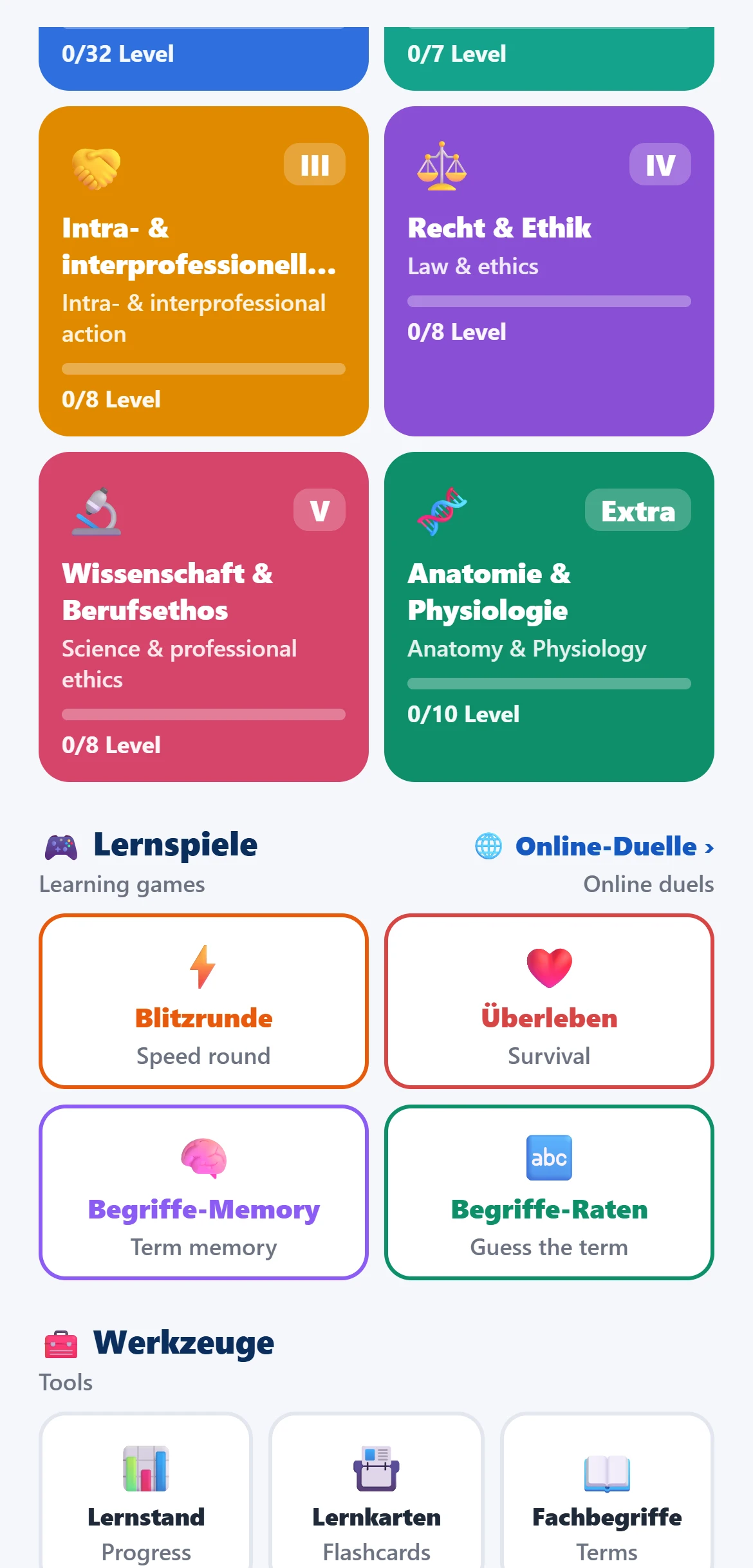 Lernspiele und Werkzeuge auf der Startseite