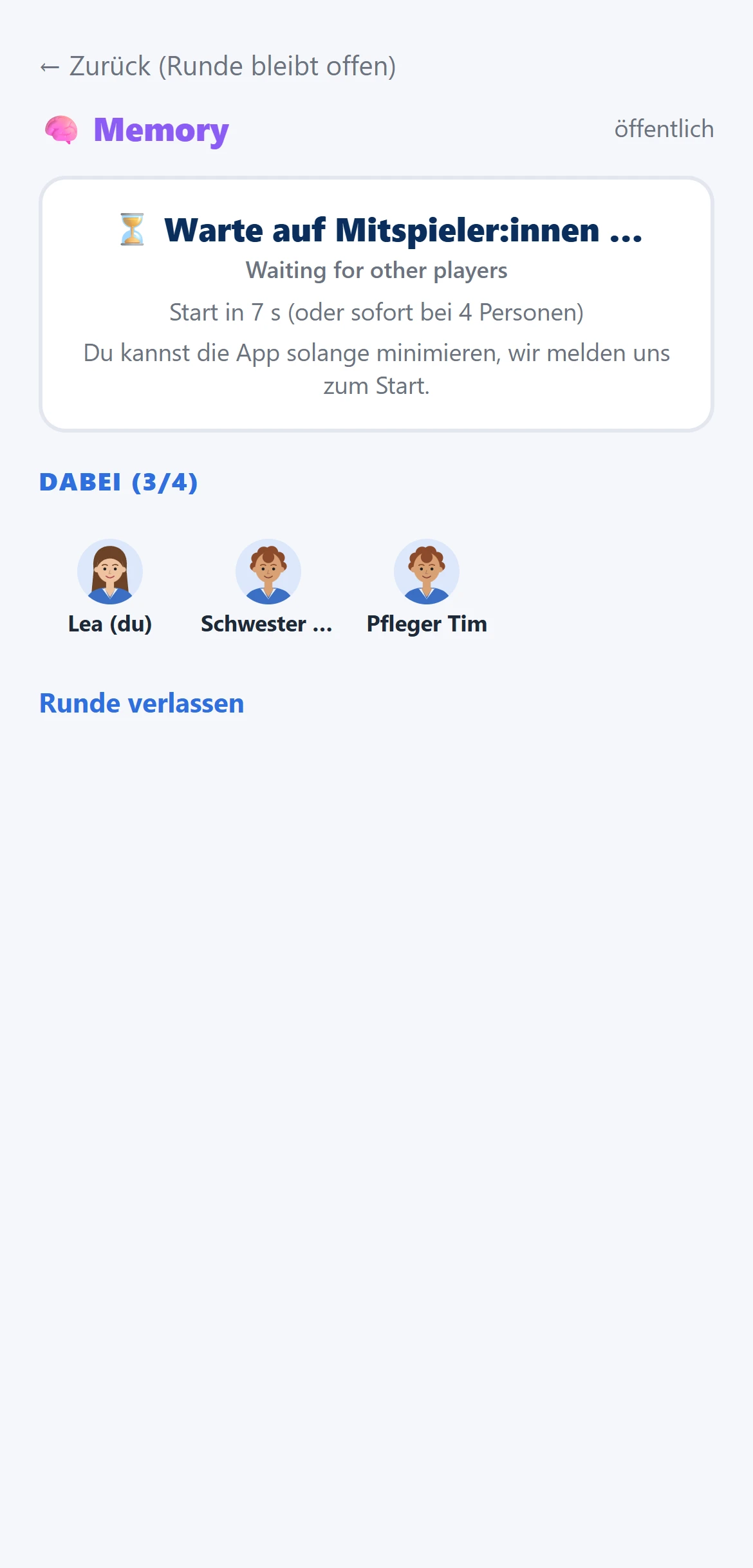Lobby: warten auf Mitspielende